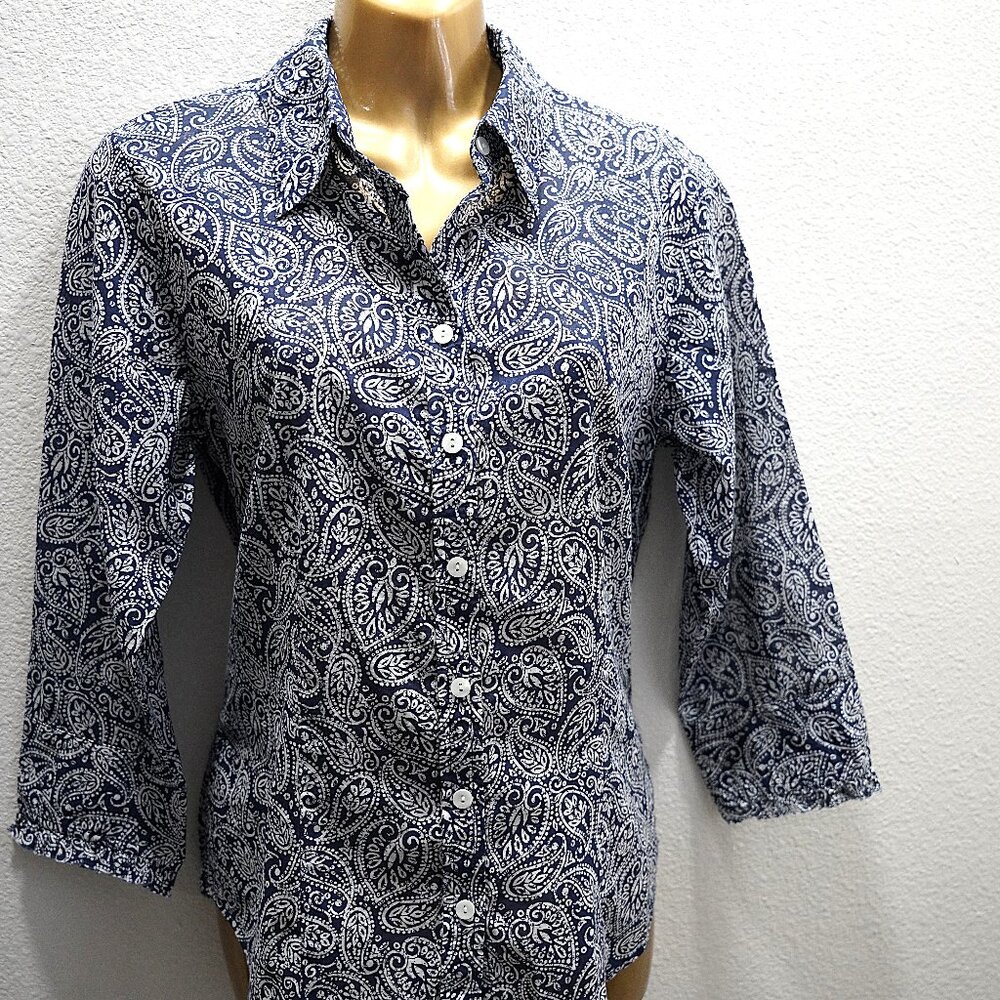 Coldwater creek navy white paisley blouse size S